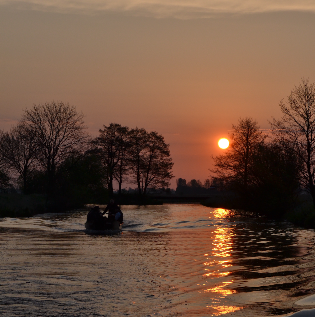 Torfkahnfahrt bei untergehender Sonne auf der Hamme